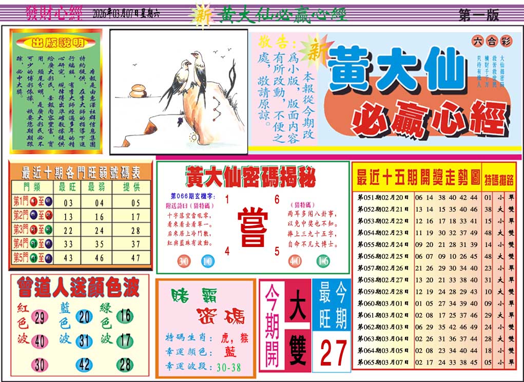 066期黄大仙必赢心经A[图]